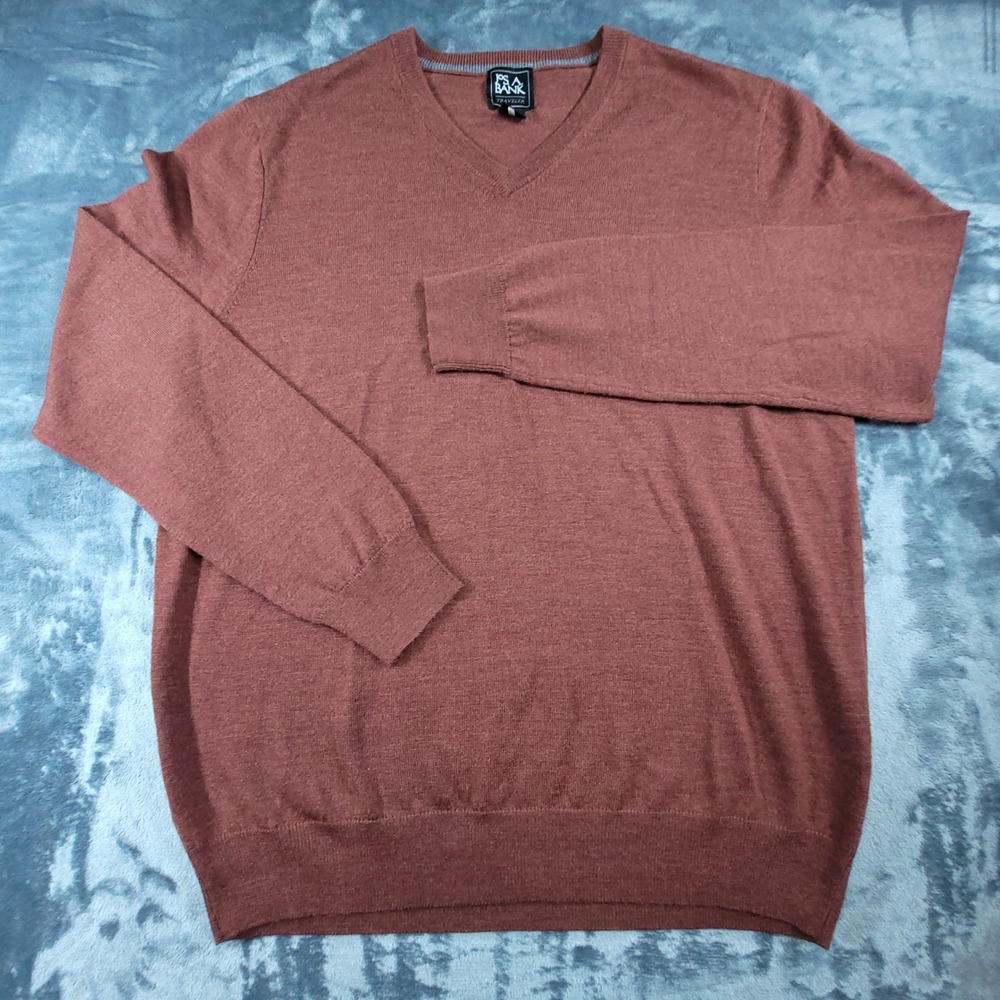 Jos A Bank Traveler Mens Large V-Neck Sweater 100% Merino Wool Rust Burgundy